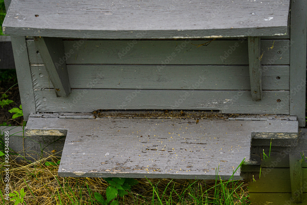 Wooden houses for bees in the countryside. Bee hives. Wooden houses for bees in the countryside. Bee hives.