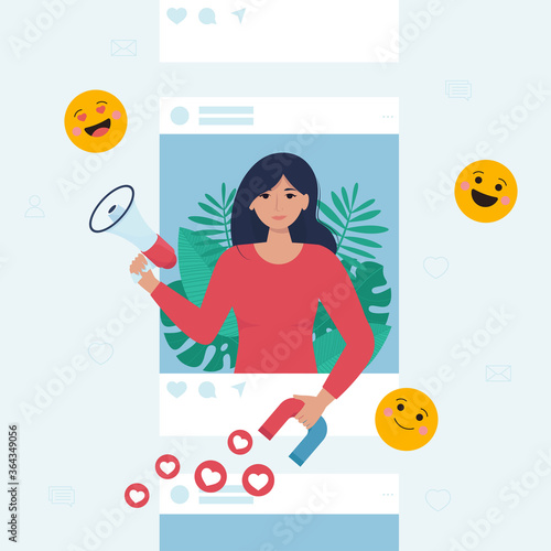 Social media influencer. Woman holding megaphone and magnet in his hands in the social profile frame. Marketing, SMM banner, social media or network promotion, flyer. Different social network icons.