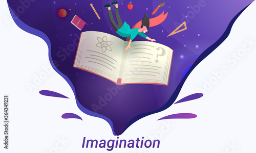 illustration of the power of imagination when reading a book, illustration of galactic concepts, world literacy day, flat graphic design