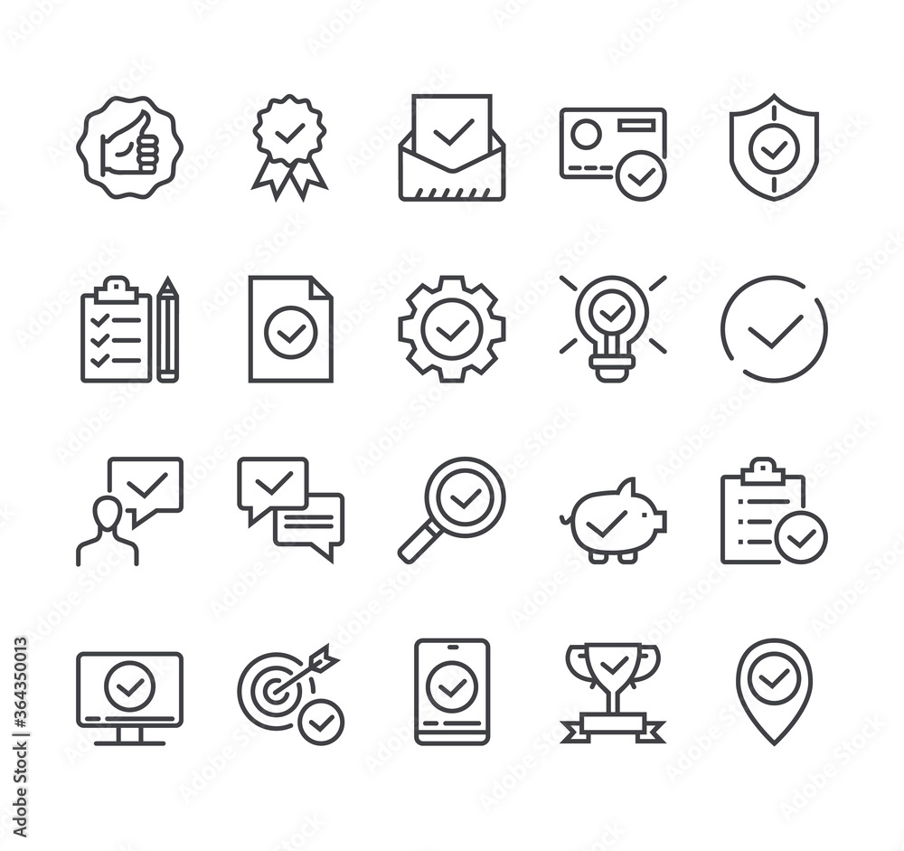 Approve choice tick line web pictogram icon isolated set. Vector flat graphic design cartoon Approve choice tick line web pictogram icon isolated set. Vector flat graphic design cartoon