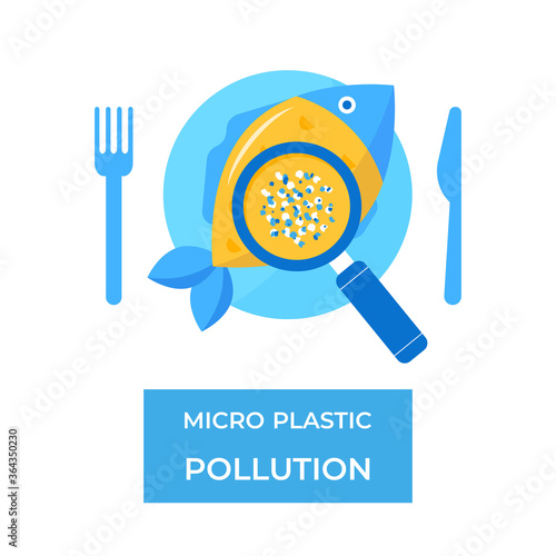 Micro plastic pollution concept. Microplastic in fish. Vector illustration.