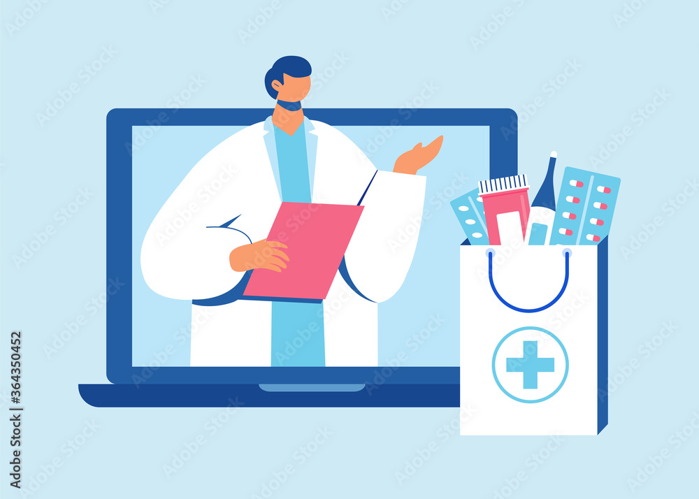 Online pharmacy concept. Pharmacist helps to collect an order on the site.