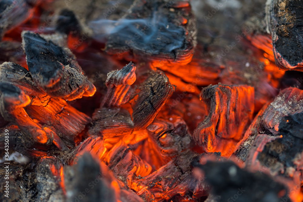 Flame incinerates firewood and transforms it ashes, close up, shallow depth of field. Blaze in a large stove. Nature texture of fire. The flame of fire burns in the brazier, smoldering firewoods. Flame incinerates firewood and transforms it ashes, close up, shallow depth of field. Blaze in a large stove. Nature texture of fire. The flame of fire burns in the brazier, smoldering firewoods.