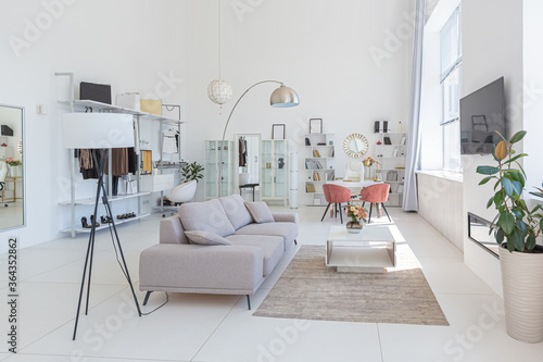 Cozy luxury modern interior design of a studio apartment in extra white colors with fashionable expensive furniture in a minimalist style. white tiled floor, kitchen, relaxation area and workplace © 4595886