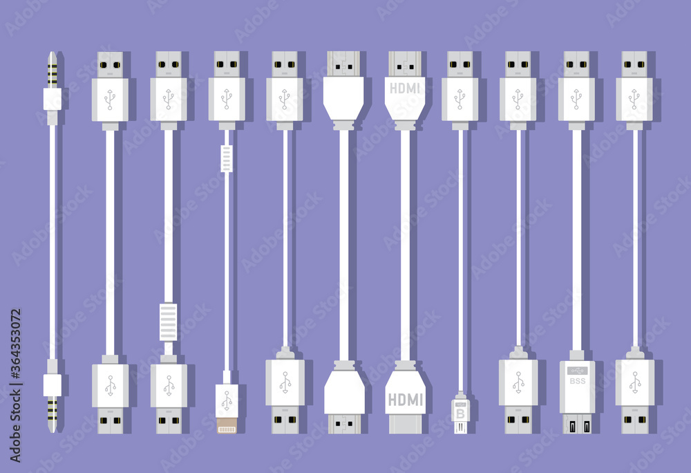 Different types of universal computer cable connectors, cables Type-A, Type- B, Mini-USB, USB Micro B, Micro-USB HDMI, Lightning, 30-pin USB,LAN wire  Stock Vector | Adobe Stock