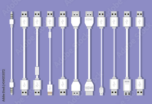 Different types of universal computer cable connectors, cables Type-A, Type-B, Mini-USB, USB Micro B, Micro-USB HDMI, Lightning, 30-pin USB,LAN wire