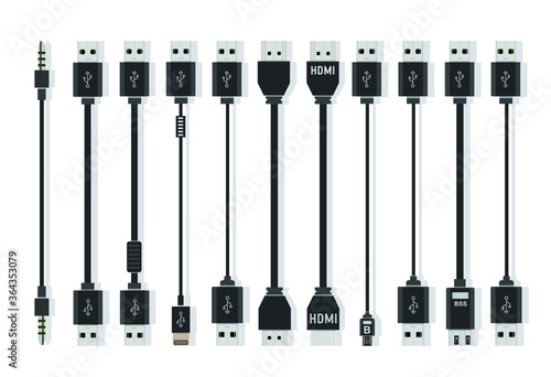 Different types of universal computer cable connectors, cables Type-A, Type-B, Mini-USB, USB Micro B, Micro-USB HDMI, Lightning, 30-pin USB,LAN wire