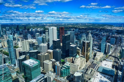 Panoramic and scenic view of Toronto Downtown from the top of CN tower in Toronto, Canada