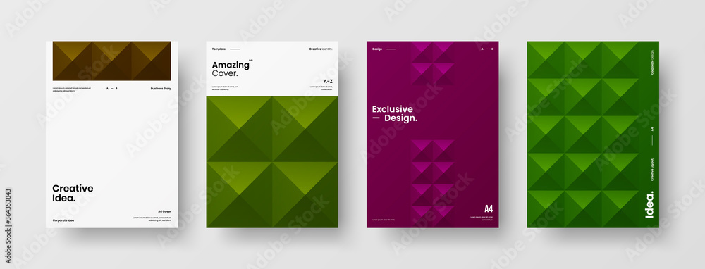 Company identity brochure template collection. Business presentation vector A4 vertical orientation front page mock up set. Corporate report cover abstract geometric illustration design layout bundle.