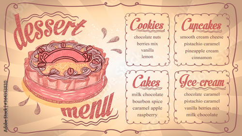 Dessert menu list template for cupcakes, cakes, ice-cream and cookies