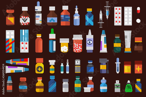 Set of drugs Medicine, pharmacy, pills and medicine bottle, Pills blister with capsule injection needle,Scissors.