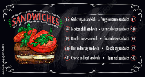 Sandwiches chalkboard display menu, hand drawn