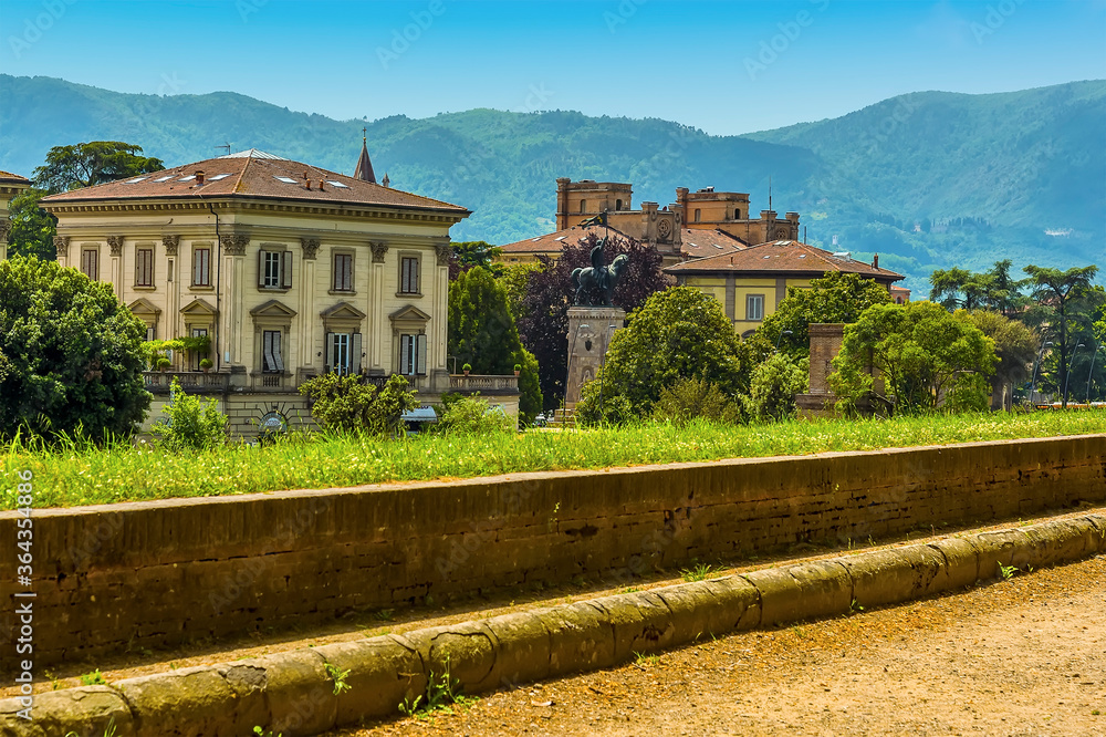 A view from the city walls towards outskirts of Lucca Italy in summer