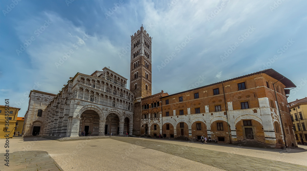 A panorama view toward the St Martin Cathedral in Lucca Italy in summer