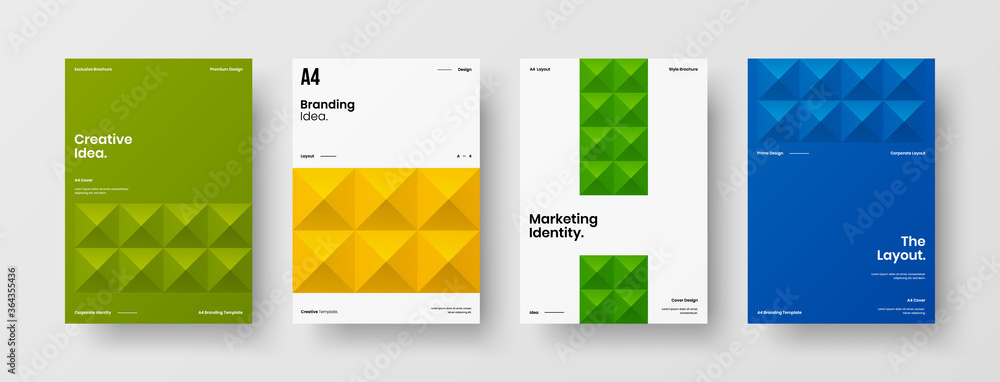 Company identity brochure template collection. Business presentation vector A4 vertical orientation front page mock up set. Corporate report cover abstract geometric illustration design layout bundle.