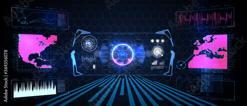 Virtual reality. Futuristic VR head-up display design. Sci-Fi helmet HUD, GUI,UI. Futuristic display with data, speedometer and statistics panel. Cockpit of futuristic autonomous car. High tech screen