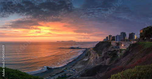 Panoramic sunset cityscape of the beach and the highway in Lima  Peru
