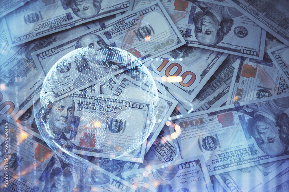 Double exposure of world map drawing over us dollars bill background. International concept. Double exposure of world map drawing over us dollars bill background. International concept.
