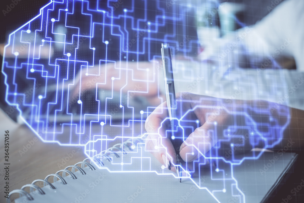 Double exposure of brain drawing over people taking notes background. Concept of Ai Double exposure of brain drawing over people taking notes background. Concept of Ai