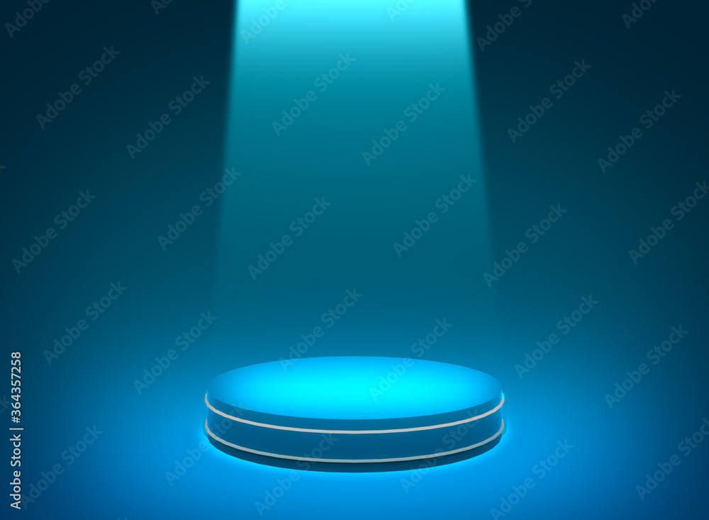 3d blue spotlight neon cylinder podium minimal studio dark background. Abstract 3d geometric shape object illustration render. Display for technology electronic product. 3d blue spotlight neon cylinder podium minimal studio dark background. Abstract 3d geometric shape object illustration render. Display for technology electronic product.