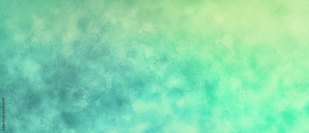 Blue green watercolor background painting with cloudy distressed texture and marbled grunge brush strokes or painted wash, soft yellow beige lighting and gradient blue green colors