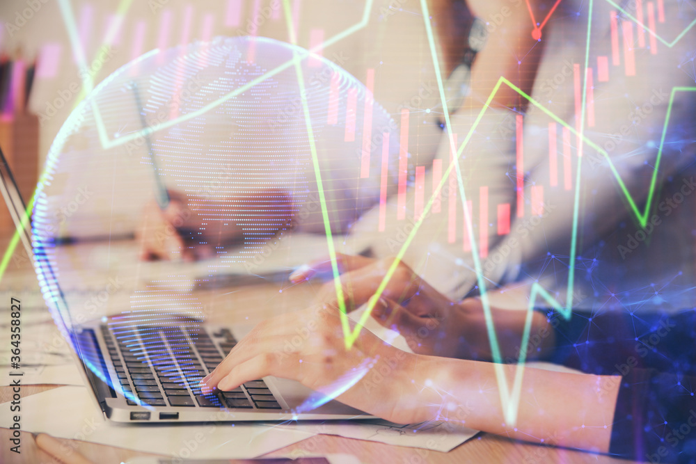 Multi exposure of woman hands typing on computer and financial chart hologram drawing. Stock market analysis concept. Multi exposure of woman hands typing on computer and financial chart hologram drawing. Stock market analysis concept.