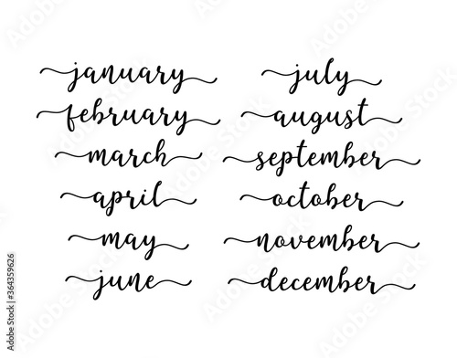 Hand Lettered Months of the Year Set. Calligraphy words January, February, March, April, May, June, July, August, September, October, November, December. Lettering for Calendar, Organizer, Planner