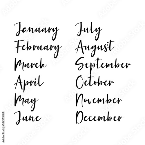 Hand Lettered Months of the Year Set. Calligraphy words January, February, March, April, May, June, July, August, September, October, November, December. Lettering for Calendar, Organizer, Planner