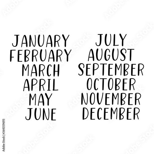Hand Lettered Months of the Year Set. Calligraphy words January, February, March, April, May, June, July, August, September, October, November, December. Lettering for Calendar, Organizer, Planner