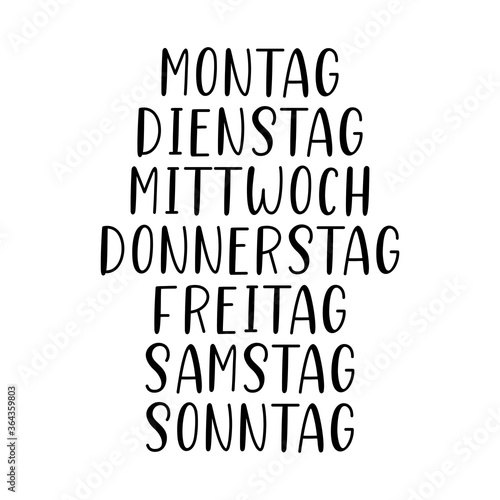 Wochentage. Handgeschriebene Wörter Montag, Dienstag, Mittwoch, Donnerstag, Freitag, Samstag, Sonntag. Lettering für Kalender, Oragnizer, Planner