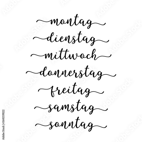 Wochentage. Handgeschriebene Wörter Montag, Dienstag, Mittwoch, Donnerstag, Freitag, Samstag, Sonntag. Lettering für Kalender, Oragnizer, Planner