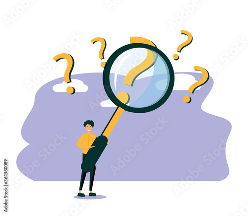  Man holding magnifying glass and looking through it at interrogation points. Concept of frequently asked questions, query, investigation, search for information. Modern flat vector illustration.