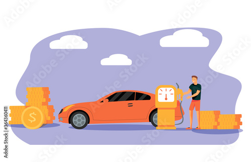  Petrol Economy Concept. Car Refueling on Fuel Station. Man Pumping Gasoline Oil. Service Filling Gas or Biodiesel Into Tank. Automotive Industry or Transportation. Cartoon Flat Vector Illustration