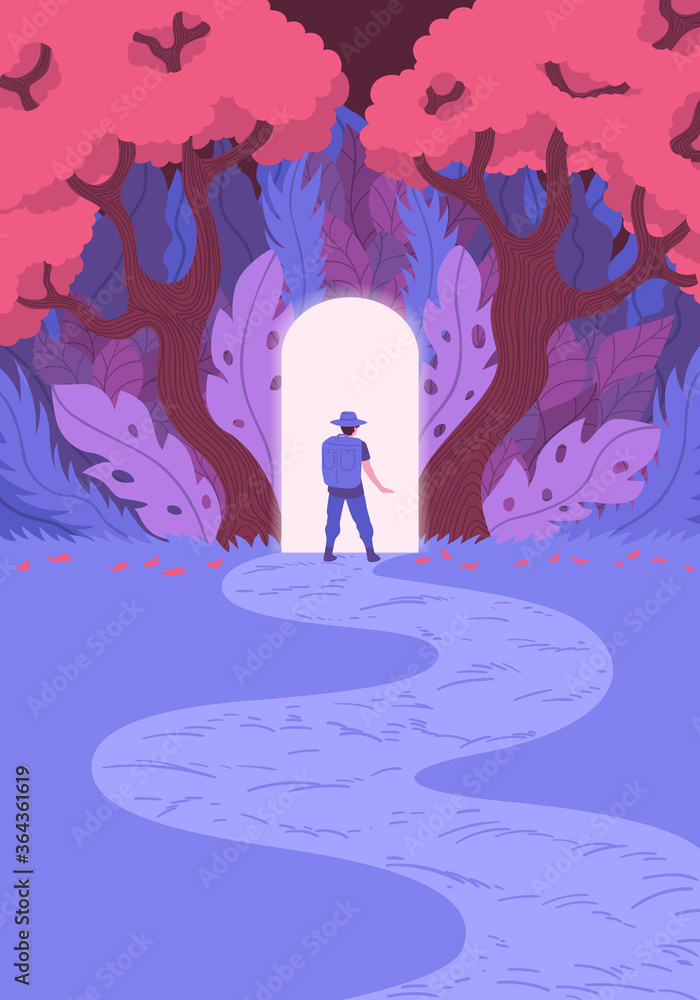 hiker is walking into the dimensional gate in the forest hiker is walking into the dimensional gate in the forest