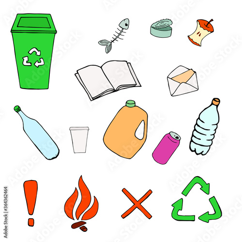 Plastic, paper, tin, organic, glass, trash. Waste sorting. Warning signs. Set. Isolated objects on a white background.