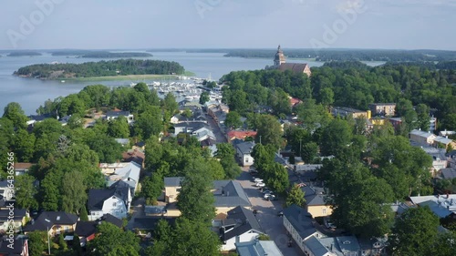 Aerial view of the old town of Naantali in Finland with Nådendal Abbey in the background. photo