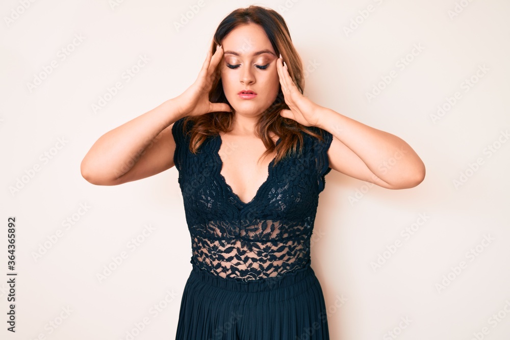 Young beautiful caucasian woman wearing elegant clothes suffering from headache desperate and stressed because pain and migraine. hands on head. Young beautiful caucasian woman wearing elegant clothes suffering from headache desperate and stressed because pain and migraine. hands on head.