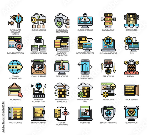 Set of web hosting thin line and pixel perfect icons for any web and app project.