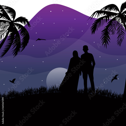Silhouette moslem couple standing on nature landscape meadow coconut tree background moon light star flying bird at night with flat style.