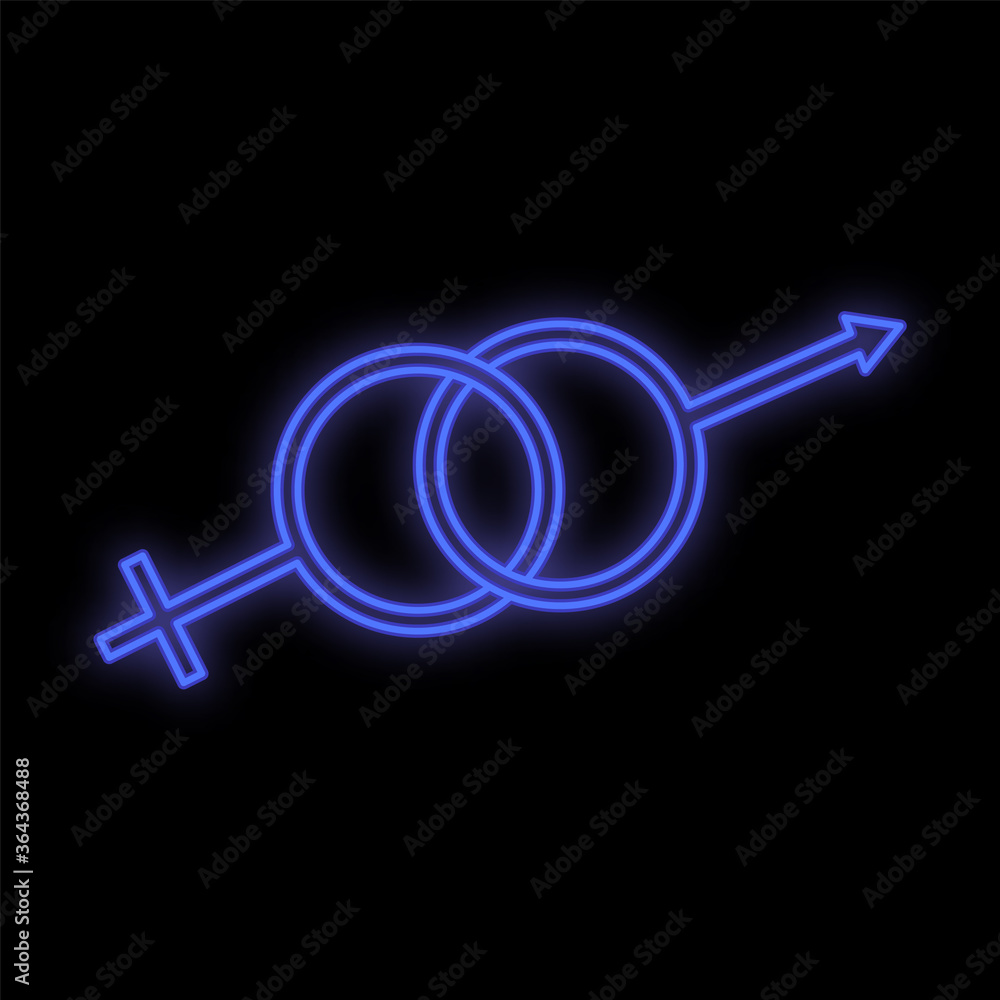 Bright luminous blue festive digital neon sign for a store or card beautiful shiny with love symbols of male and female on a black background. Vector illustration Bright luminous blue festive digital neon sign for a store or card beautiful shiny with love symbols of male and female on a black background. Vector illustration