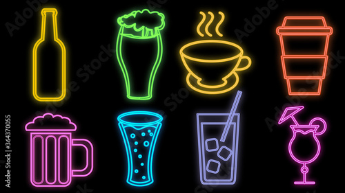 Set of bright luminous multi-colored neon signs for a cafe restaurant bar beautiful shiny with cocktails and drinks, tea, coffee, beer on a black background. Vector illustration