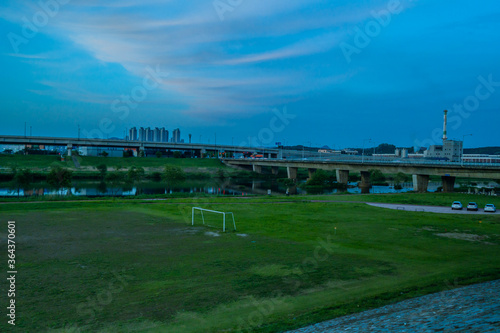 Landscape of river park at blue hour