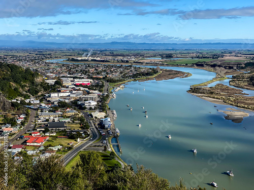 View of Whakatane town from Puketapu Lookout at Whakatane town in Bay of Plenty, New Zealand photo