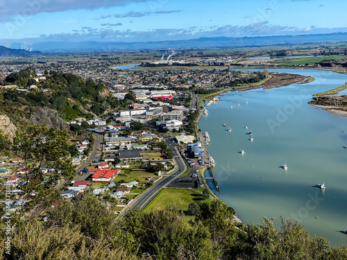 View of Whakatane town from Puketapu Lookout at Whakatane town in Bay of Plenty, New Zealand