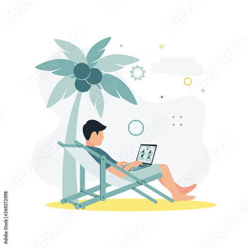 CCTV. A vector illustration of a man sitting on a deck chair under a palm tree with a coconut on the beach, holding a laptop in his hands