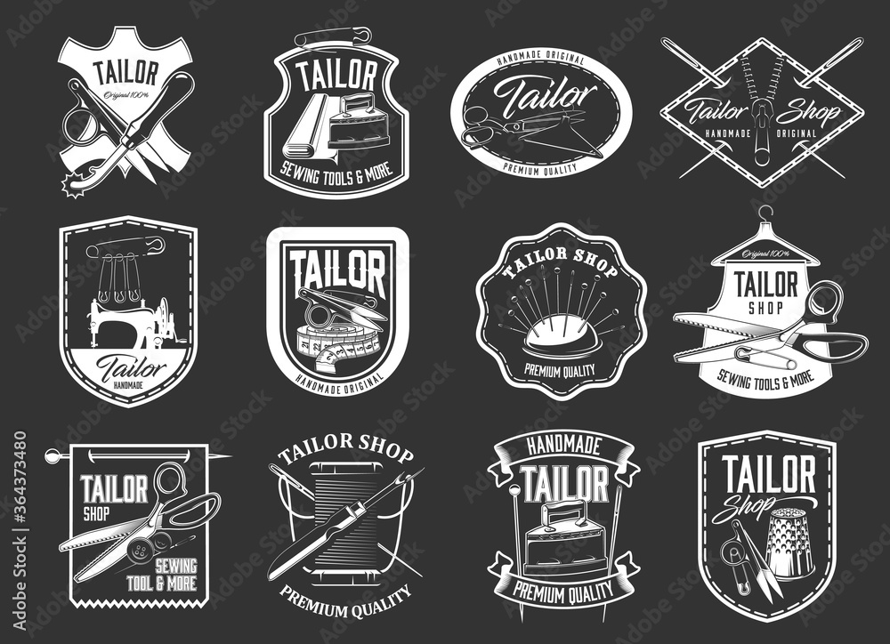 Tailor sewing icons, atelier and dressmaker shop vector labels. Tailor sewing machine, thread spool and needle pillow, retro iron, scissors, leather label, tailoring wheel and thimble