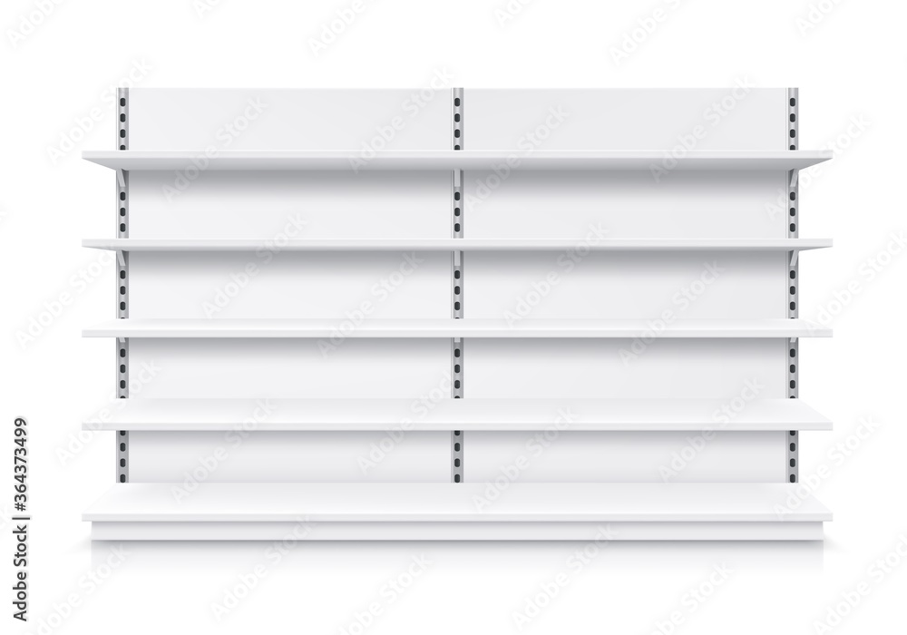 Trade shelf, shop rack, isolated realistic store display and product showcase stand, vector mockup. Supermarket display stand or warehouse shelving racks with detachable shelves, 3D white metal model - obrazy, fototapety, plakaty 