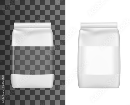 Package with window for groats, grain cereal or pasta, realistic plastic bag package, vector doypack mockup. Dry food, grain groats package bag of transparent window for sugar, muesli, oatmeal or rice