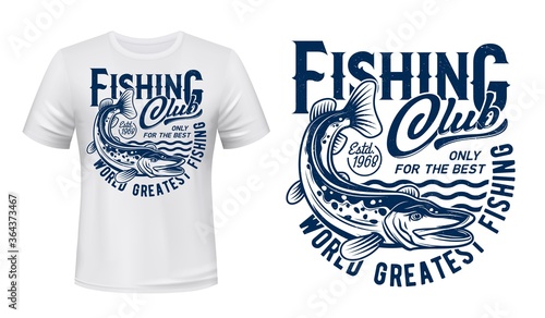 Fishing t-shirt print mockup, pike fish on waves, fisher club big catch. River pike fisher sport club, big fish catch fishing sign for t shirt print, blue grunge sign