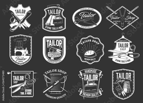 Tailor sewing icons, atelier and dressmaker shop vector labels. Tailor sewing machine, thread spool and needle pillow, retro iron, scissors, leather label, tailoring wheel and thimble